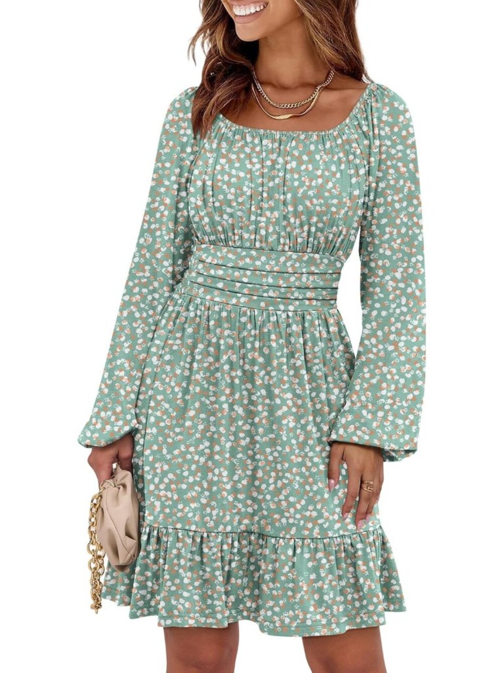 Women's Green White Lantern Sleeve Square Neck Elastic Waist Ruffle Midi Dress